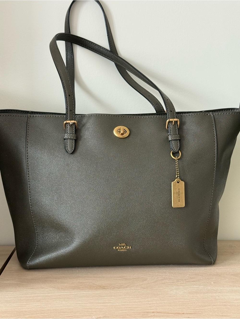 Coach Olive Leather Turnlock Tote with Gold Hardware